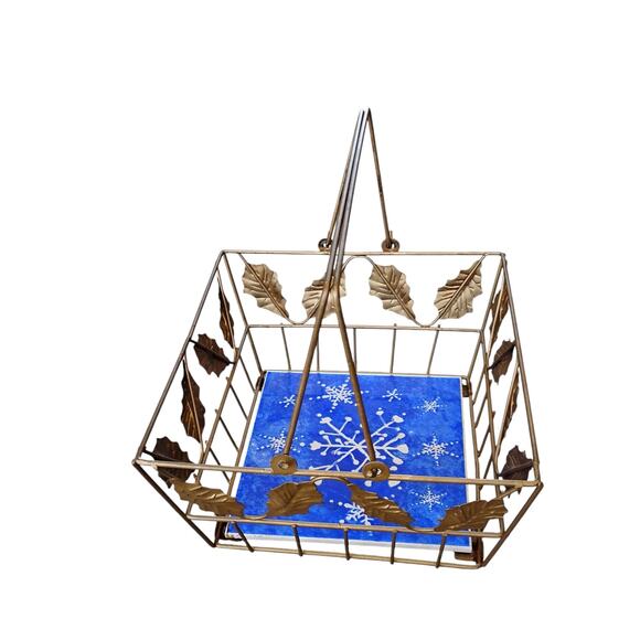 💙❄️Metal Square Basket Gold Holly Leaves & Blue Snowflake Tile Insert - Picture 1 of 12